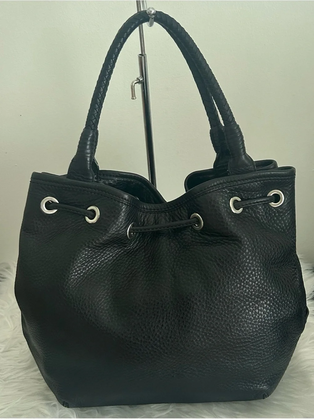 Cole Haan Black Pebbled Leather Bucket Bag Drawstring Tassel Braided Handle Tote